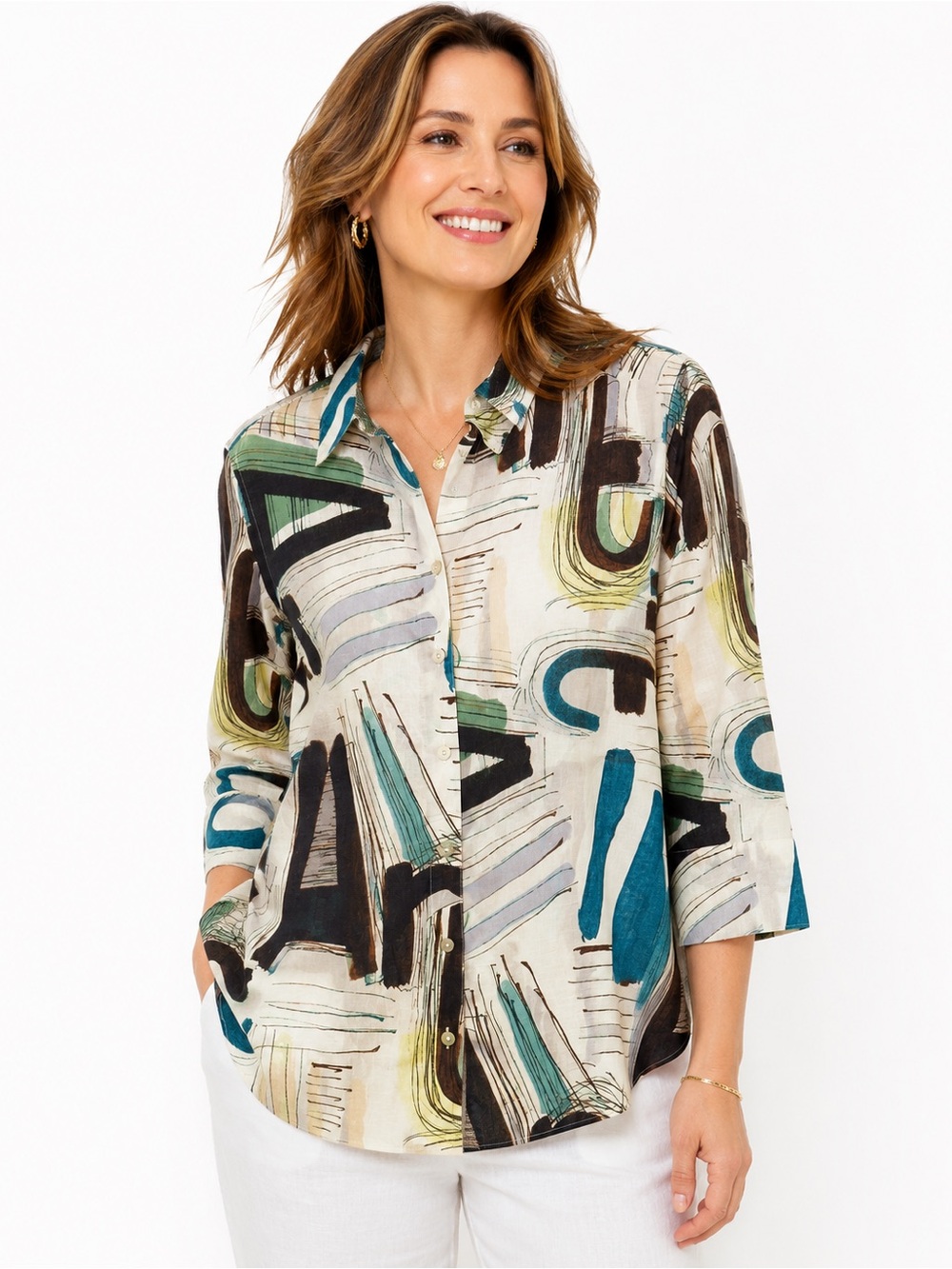 Chico’s No Iron Linen Shirt Size 0.5 / US 6 Abstract Print Button Front